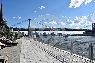 View of Williamsburg Bridge from Domino Park in Brooklyn, New York Editorial Stock Photo