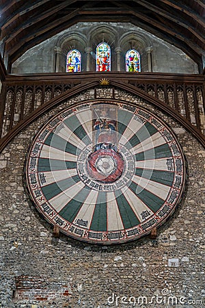 View of the Winchester Round Table from the King Arthur Legend inside the Winchester Castle Editorial Stock Photo