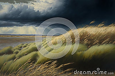 view of a wind swept landscape featuring a meadow with tall grass and a cloudy sky Stock Photo