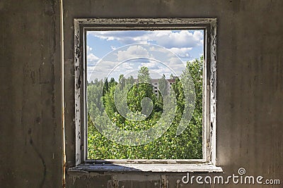 View from the window of an abandoned apartment, similar to a picture Stock Photo