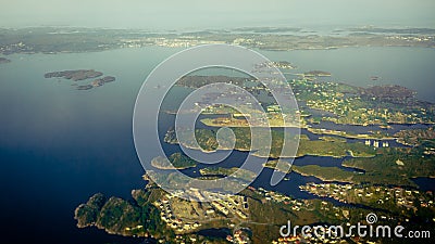 View from window of airplane flying over Norway Scandinavia. Stock Photo