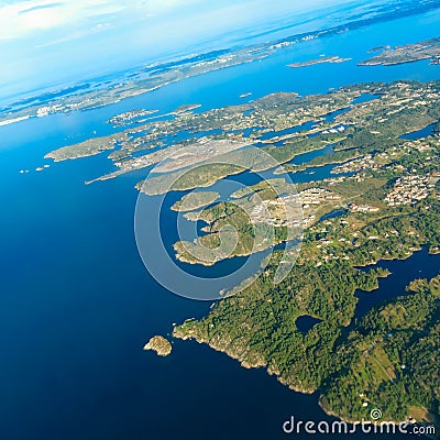 View from window of airplane flying over Norway Scandinavia. Stock Photo