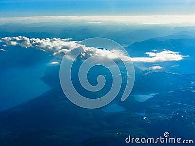 View from window of airplane flying over Norway Scandinavia. Stock Photo