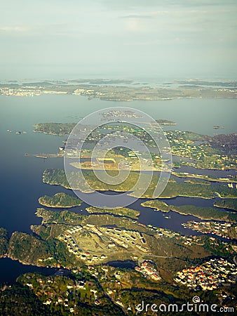 View from window of airplane flying over Norway Scandinavia. Stock Photo