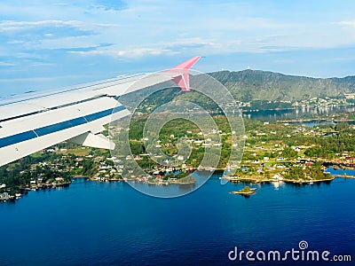 View from window of airplane flying over Norway Scandinavia. Stock Photo