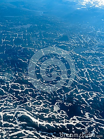 View from window of airplane flying over Norway Scandinavia. Stock Photo