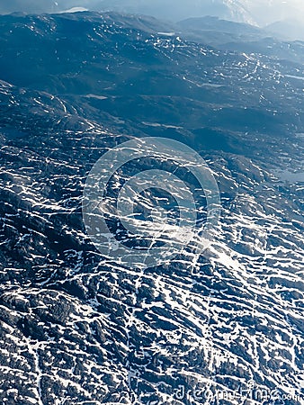 View from window of airplane flying over Norway Scandinavia. Stock Photo