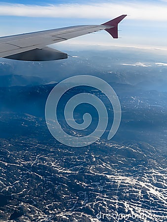 View from window of airplane flying over Norway Scandinavia. Stock Photo