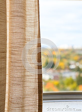 View from window, autumn, fall, linen curtain Stock Photo