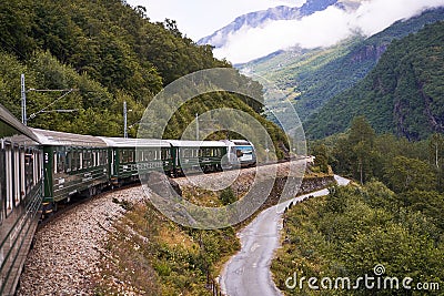 View from window at the Flamsbana train and beautiful nature of Norway. Editorial Stock Photo