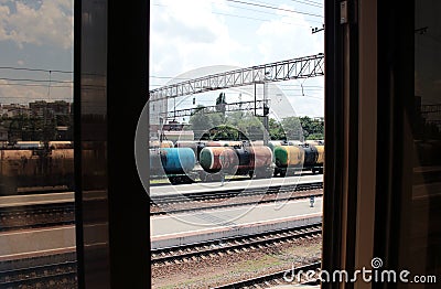 The view from the window at the freight train Stock Photo