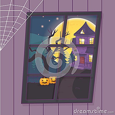 View window house pumpkins tree scary halloween Vector Illustration