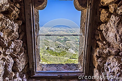 The view from a window in Kantara Castle over the Mesaoria Plain, Northern Cyprus Stock Photo