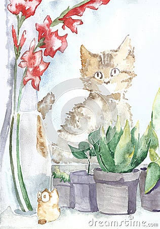 View from the window, a kitten is sitting, there are flowers. Made in watercolor Stock Photo