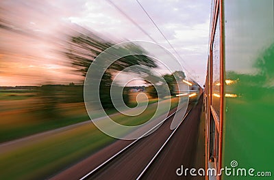 View from the window of moving train Stock Photo