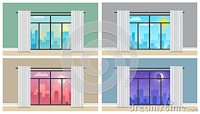 Daytime cityscape. Morning, day and night city skyline landscape, town buildings Vector Illustration