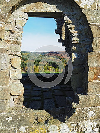 View through a window of the ruins of Skelton Tower Stock Photo
