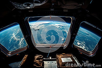 View from the window of the spaceship to planet Earth, generative AI. Stock Photo