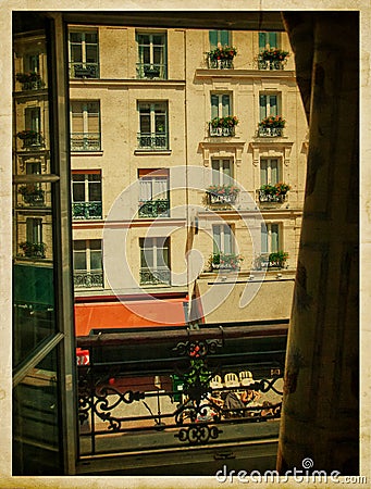 View from the window. Vintage parisian street. Stock Photo