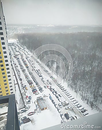  view from the view from the windowroad in the snow window road in the snow Stock Photo