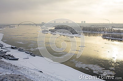 View of the winter river Ob in Novosibirsk on a gloomy day bird` Stock Photo