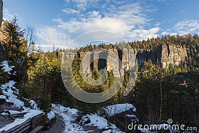 View of the winter rock town in the Czech Republic Stock Photo