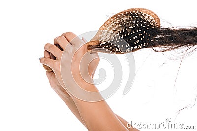 View of woman with wavy unruly hair in comb isolated on white Stock Photo