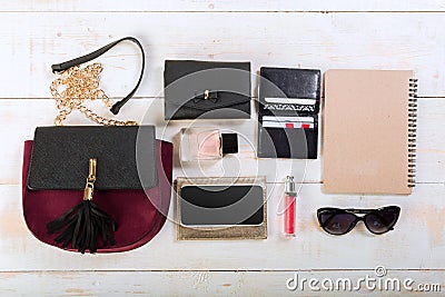 View on women bag stuff Stock Photo