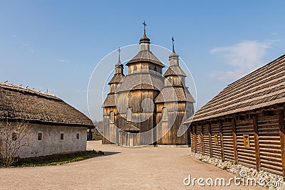View of the wooden church in the National Reserve `Zaporizhzhia Sich` on the island of Khortytsia in Zaporizhzhia. Ukraine Stock Photo