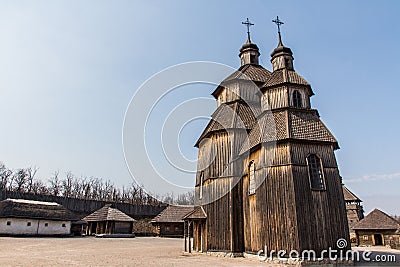 View of the wooden church in the National Reserve `Zaporizhzhia Sich` on the island of Khortytsia in Zaporizhzhia. Ukraine Stock Photo