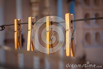 View of the wooden clips for holding clothes put for drying Stock Photo