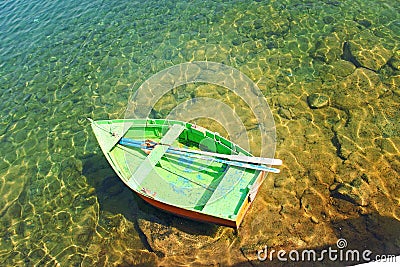 View of the wooden small boats standing in the harbor on the Spanish island of Lanzarote in the city of Arrcecife Stock Photo