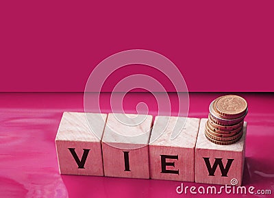 View word on wooden cubes. Beautiful red glossy background. Business and lifestyle concept Stock Photo