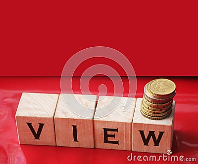 View word on wooden cubes. Beautiful red glossy background. Business and lifestyle concept Stock Photo