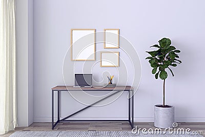 View of a working desk with a laptop and different objects in a gray-walled room - 3D rendering Stock Photo