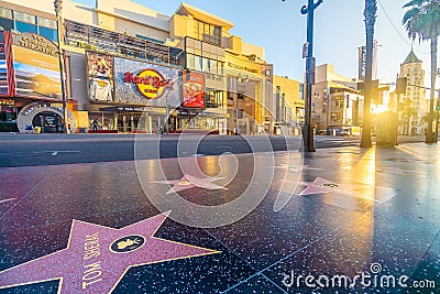 View of world famous Hollywood Walk of Fame at Hollywood Boulevard district in Los Angeles, California Editorial Stock Photo