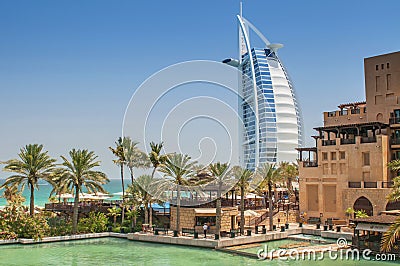 View of the world first seven stars luxury hotel Burj Al Arab Tower Editorial Stock Photo