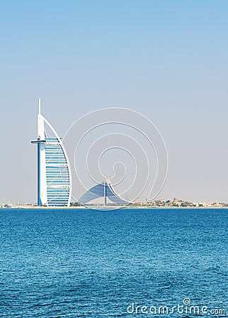 The view on world's first seven stars luxury hotel Burj Al Arab Tower of the Arabs Editorial Stock Photo
