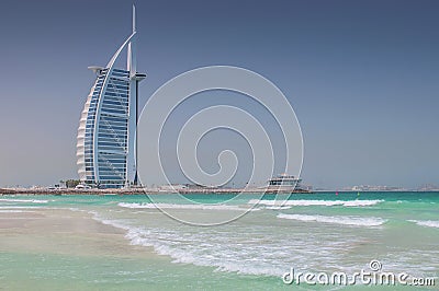 View of the world`s first seven stars luxury hotel Burj Al Arab Tower Editorial Stock Photo