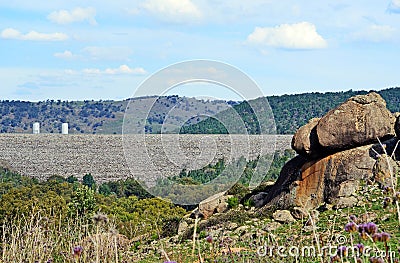View of Wyangala Dam wall from surrounding hills Stock Photo