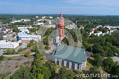 View of the Yutheran Church and the ancient water tower, afternoon aerial survey. Hanko, Finland Stock Photo