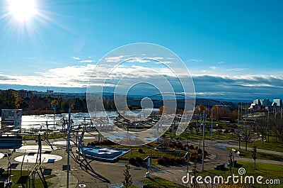 View of the Zaragoza Expo promenade with the Ebro river under the sun Stock Photo