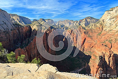 Zion Canyon and the Narrows of the Virgin River from Angels Landing in Evening Light, Zion National Park, Utah Stock Photo