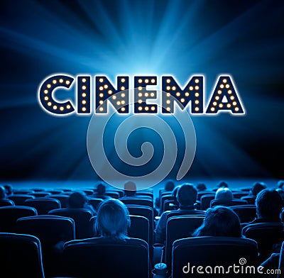 Viewers sit in cinema, blue toning Stock Photo