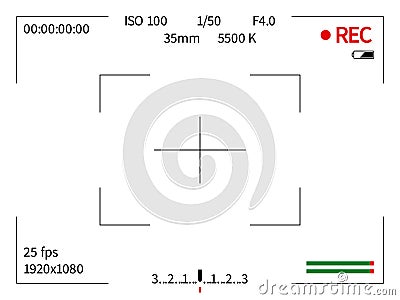 Viewfinder video camera. Realistic camcorder focus screen. White frame template of viewing digital display for film Vector Illustration