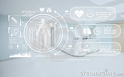 View analytics at Hologram human anatomy and skeleton Admission to stay in hospital and blurry nurse station background Stock Photo