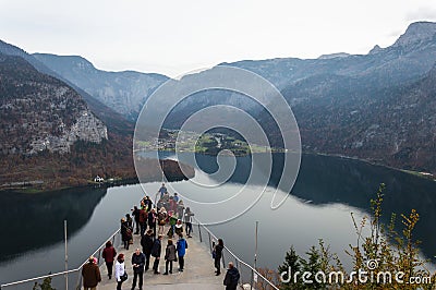 Viewing Platform in Hallstatt with a spectacular view of Lake Hallstatter See, Austria, Europe. Editorial Stock Photo