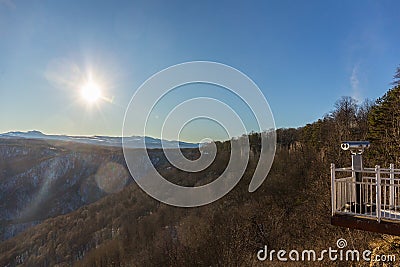 Viewing platform with scenery mountains view, Caucasus. Stock Photo