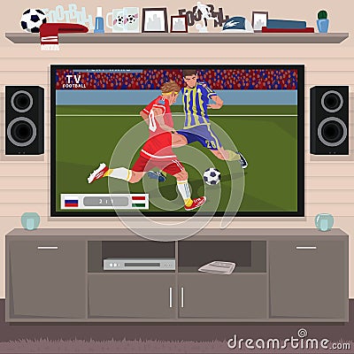 Viewing soccer game at home on TV Vector Illustration