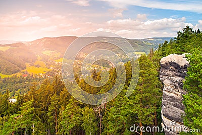 Viewpoint aboce Jizera valley in sandstone landscape of Bohemian Paradise, Besedice Rocks, Czech Republic Stock Photo